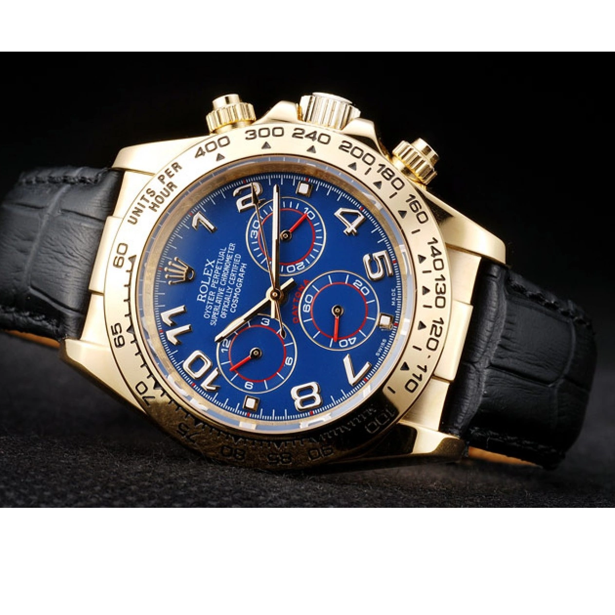 Aaa replica watch Rolex Blue Case Black Dial Strap Leather Gold Daytona 0224