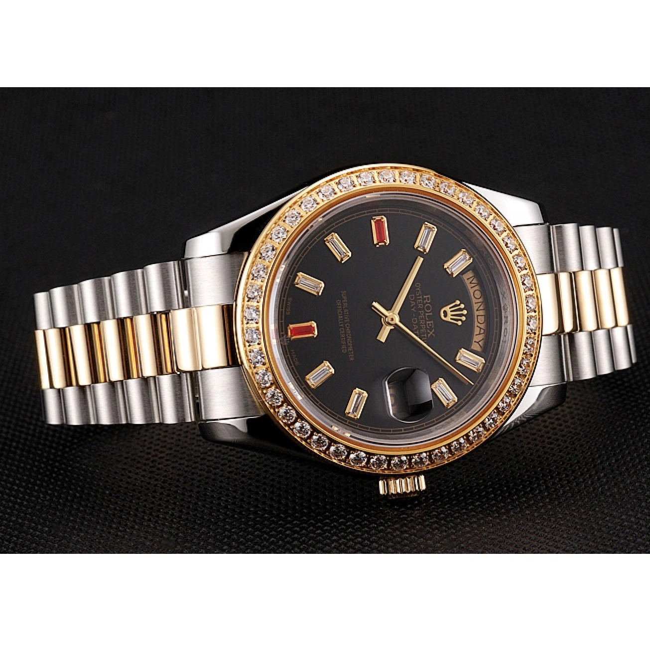 Aaa replica watch Tone Black Day-Date Rolex Two Swiss 1454105 Bracelet Rubies Diamonds Dial And 0211