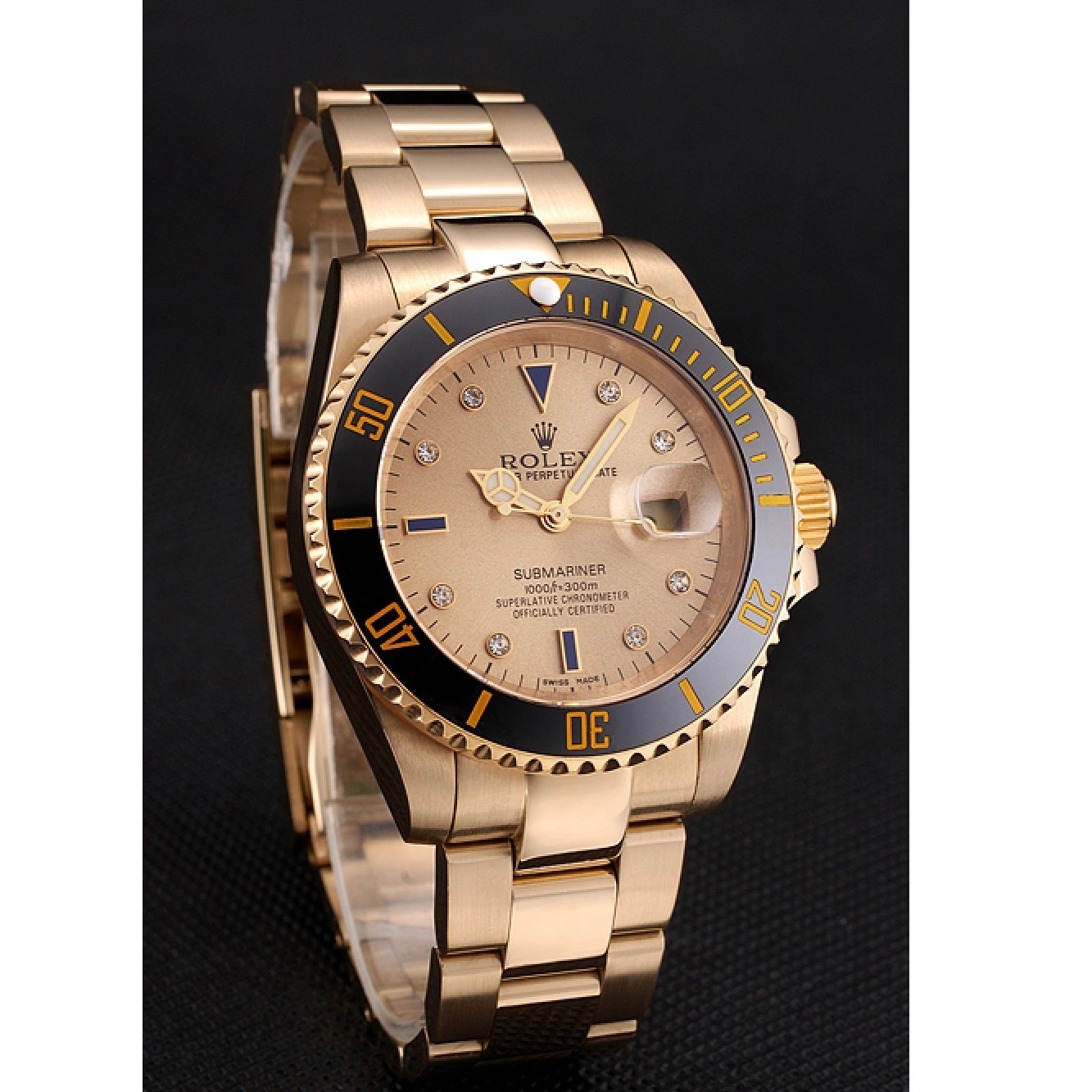 Aaa replica watch Bezel Rolex Markings Bracelet Submariner Case Gold Black Dial Swiss With Yellow And Gold Diamond 0214