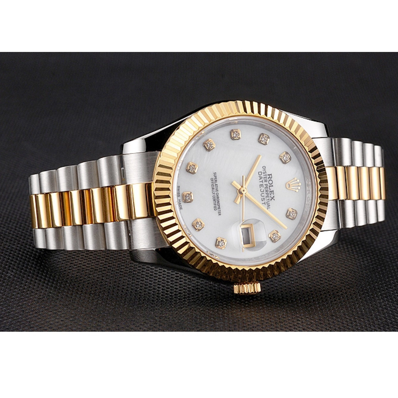 Aaa replica watch Tone Marks Swiss Rolex Dial Case Datejust Bezel Hour Gold Steel Diamond White Two Bracelet Stainless 0210