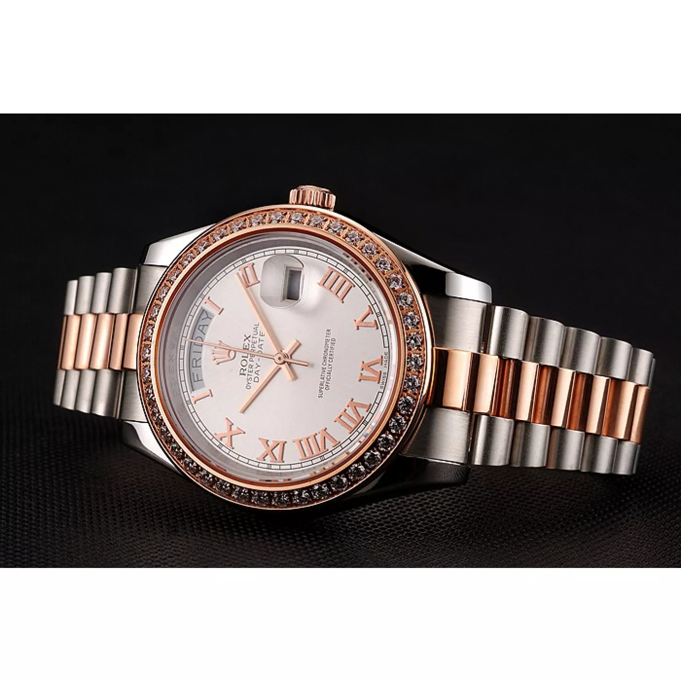 Aaa replica watch Swiss Rolex Day-Date Diamonds Bezel White Dial Rose Gold And Staineless Steel Bracelet 1454108 0206