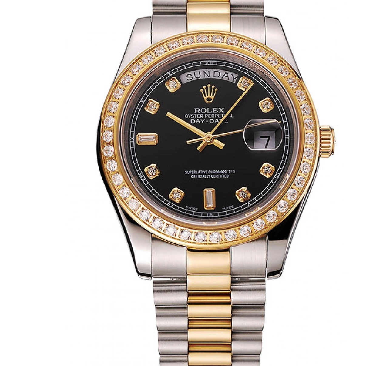 Two Gold 1453976 Case Swiss Steel Diamond Bracelet Rolex Black Stainless Tone Day-Date Dial 0226