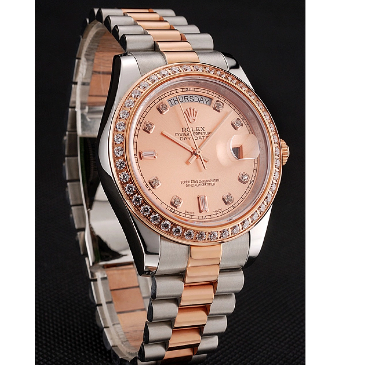 Aaa replica watch Rolex Bracelet Gold Bezel Staineless Steel Day-Date 1454107 Rose Swiss And Diamonds 0222