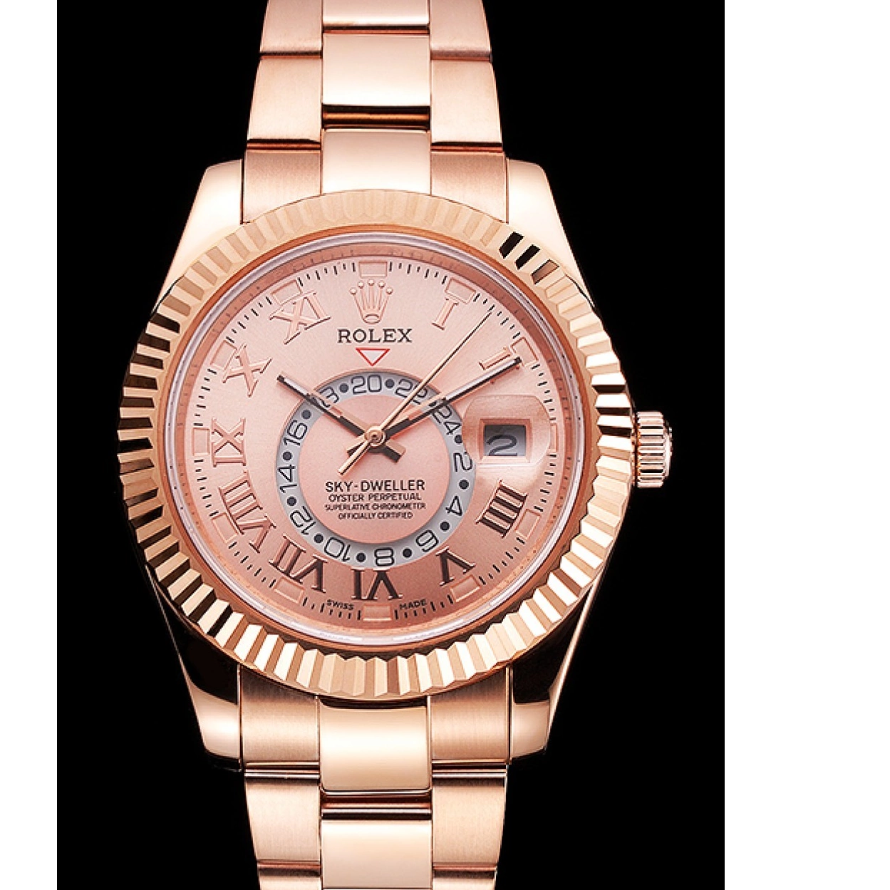 Aaa replica watch Rolex Sky Gold Gold Case Dweller Dial Rose And Rose Bracelet 0213