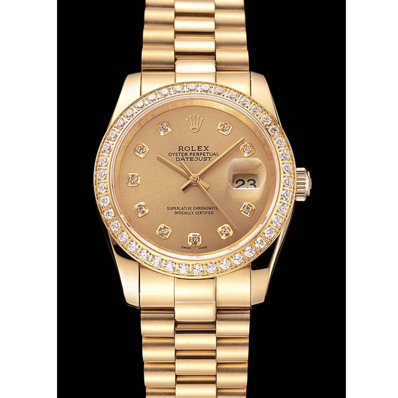 Aaa replica watch Swiss Dial Datejust Champagne Diamond Bezel Bracelet 1454097 Gold Rolex 0218