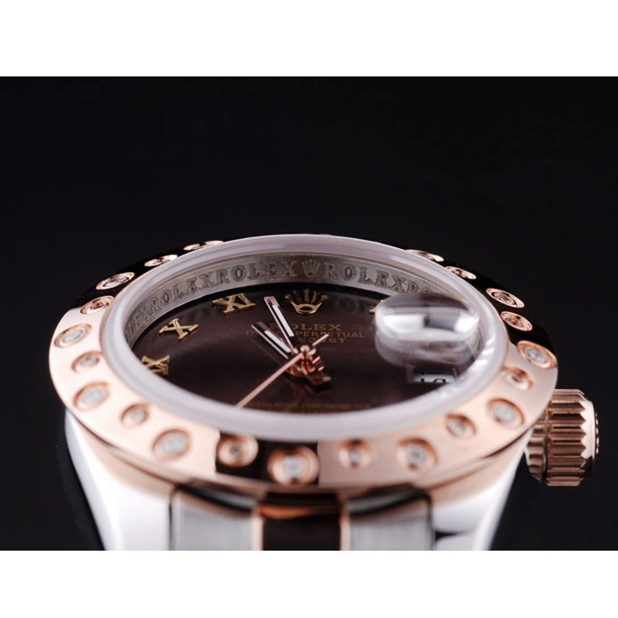 Aaa replica watch Rolex Polished Dial Bezel Diamonds Rose Gold Datejust Brown 7475 0219