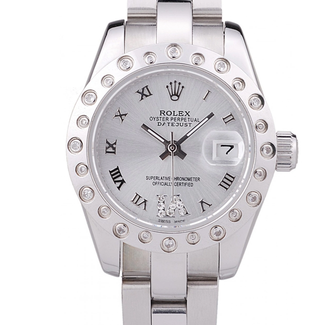 Aaa replica watch 7474 Diamonds Silver Bezel Silver Dial Polished Datejust Rolex 0221