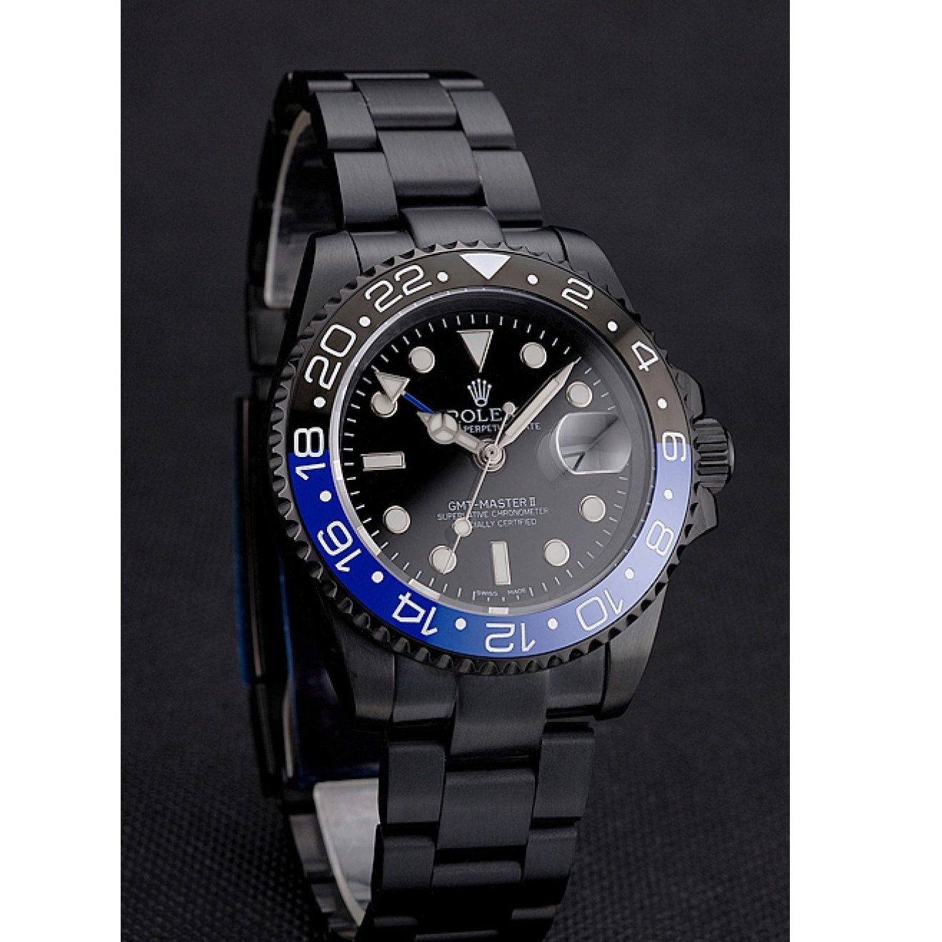 Aaa replica watch Dial Master Rolex Swiss GMT Blue Black Black II PVD Case Bracelet Black And Bezel And 0218