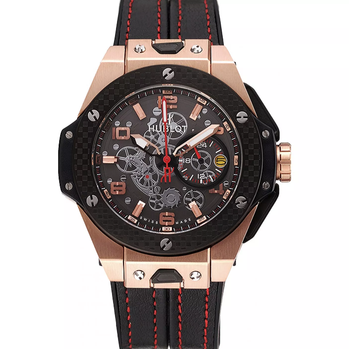 Aaa replica watch Hublot Big Bang Ferrari Silver Dial Carbon Bezel Gold Case Black Leather Strap 622769 0205