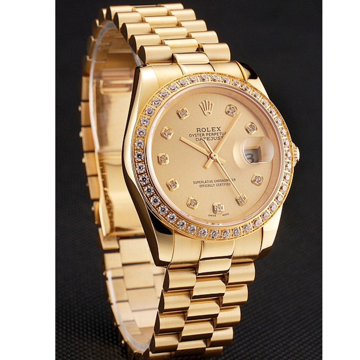 Aaa replica watch Swiss Dial Datejust Champagne Diamond Bezel Bracelet 1454097 Gold Rolex 0218