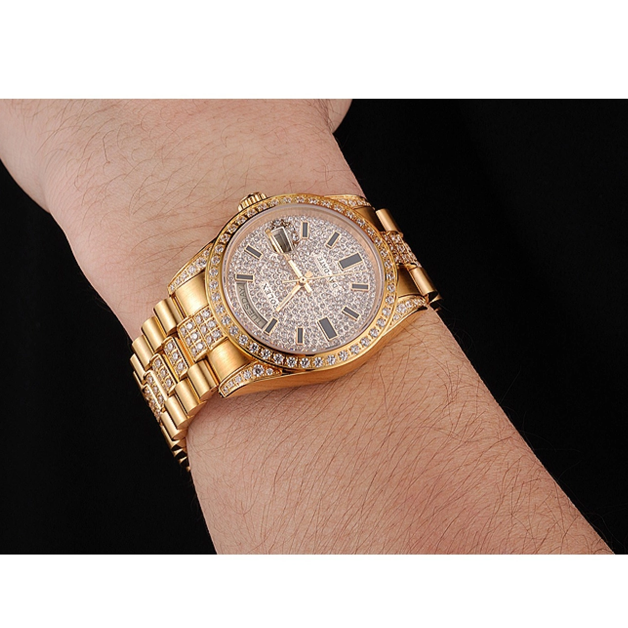 Aaa replica watch Rolex Swiss Day Diamond Yellow Pave Date Gold 0215