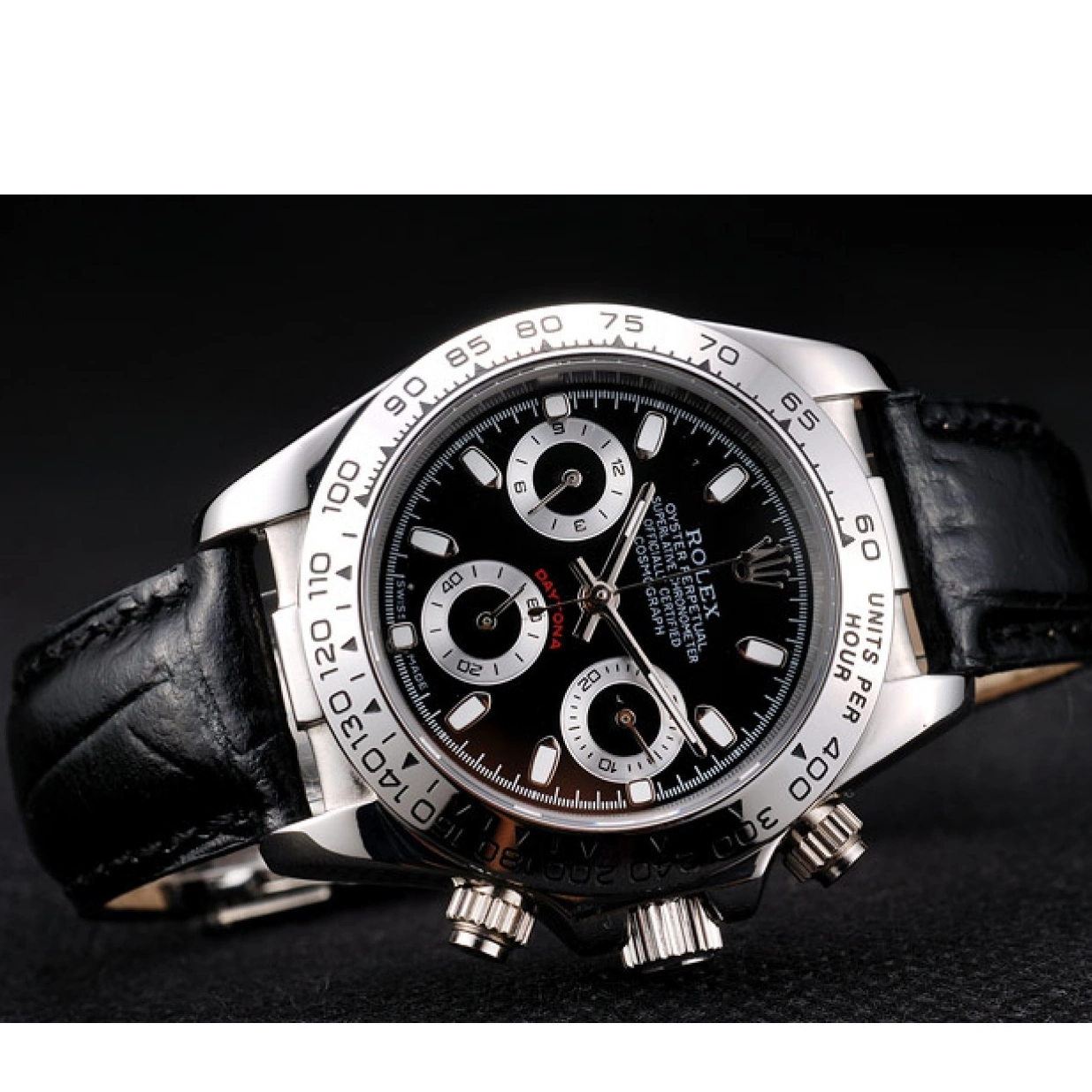 Aaa replica watch Rolex Strap Dial Stainless Steel Daytona Case Black Lady Leather Tachymeter Black 0215