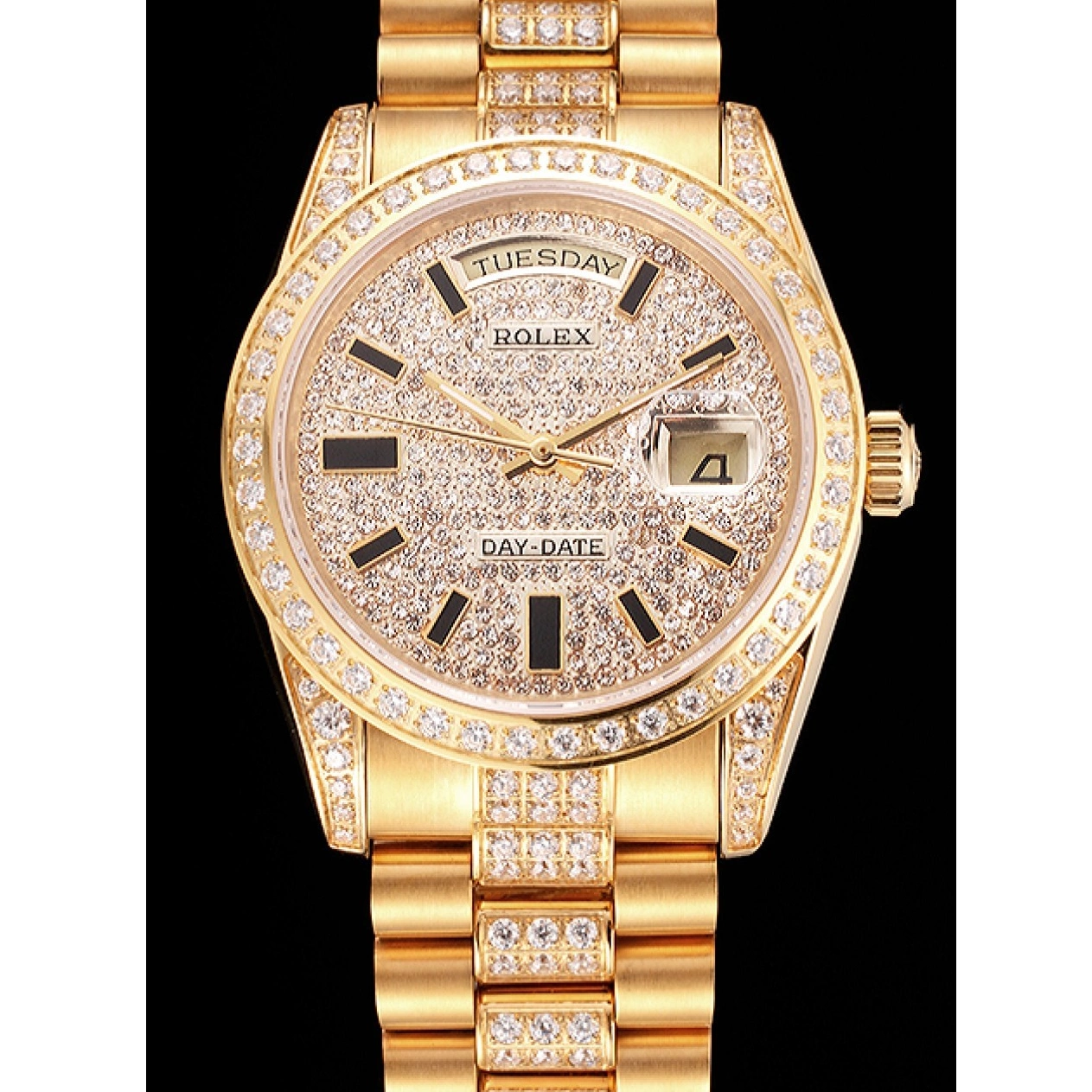 Aaa replica watch Rolex Diamond Gold Date Swiss Day Pave Yellow 0215