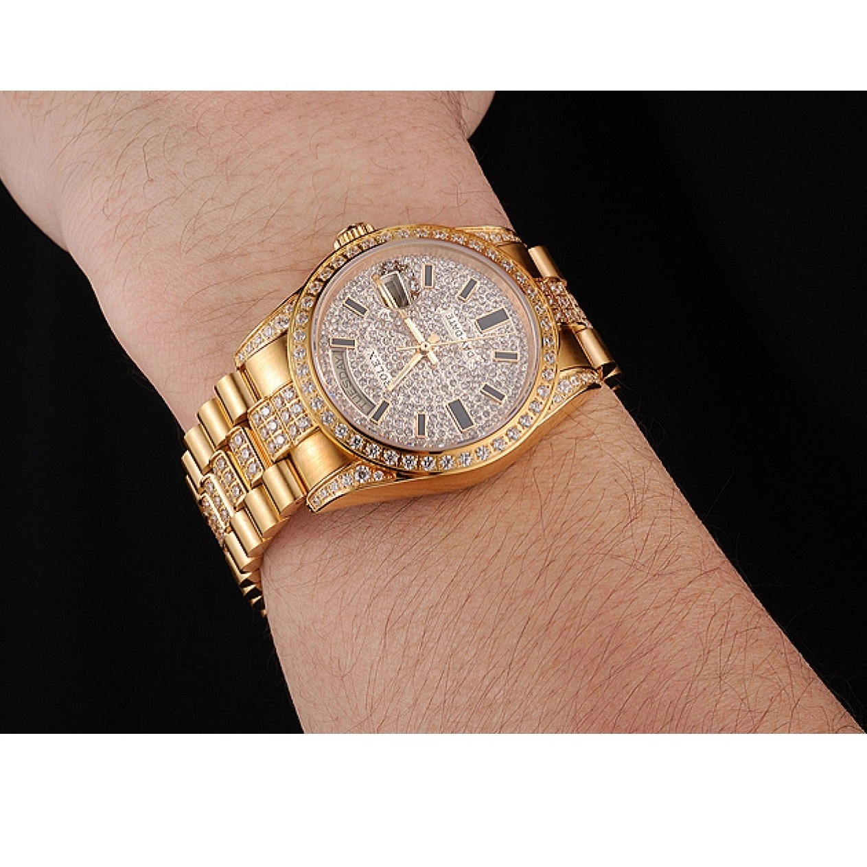 Aaa replica watch Rolex Diamond Gold Date Swiss Day Pave Yellow 0215