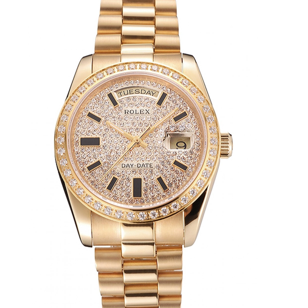 Aaa replica watch And Dial Day Bracelet Date Gold Swiss Rolex Pave Bezel Case And Diamond 0224