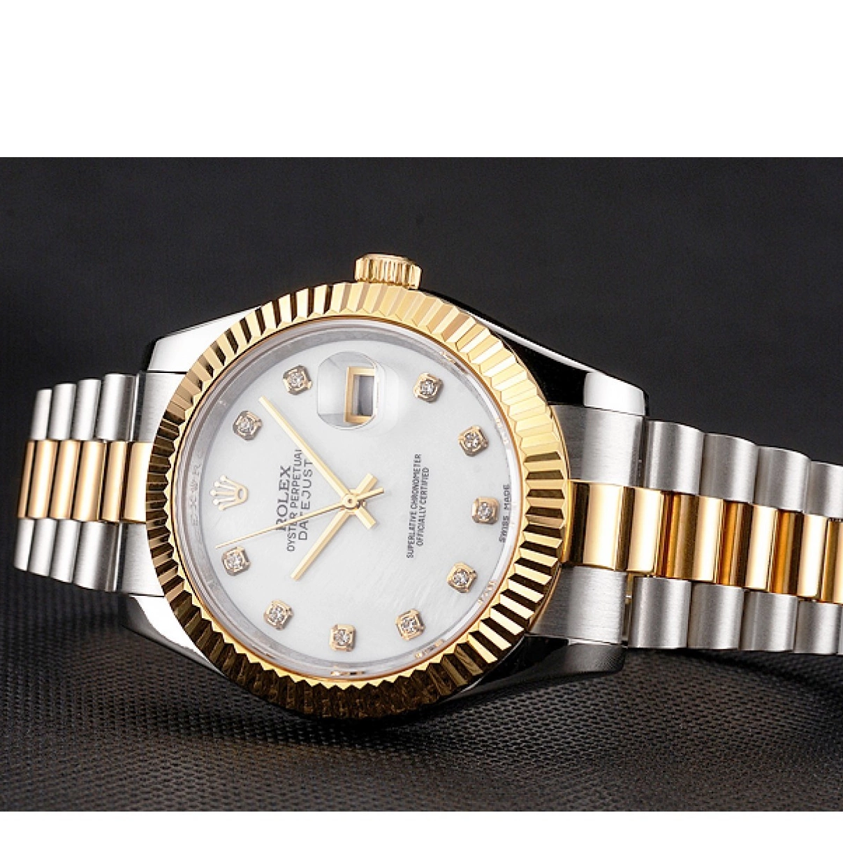 Aaa replica watch Swiss Diamond Case Two Marks Rolex White Stainless Bezel Datejust Dial Bracelet Steel Tone Hour Gold 0221