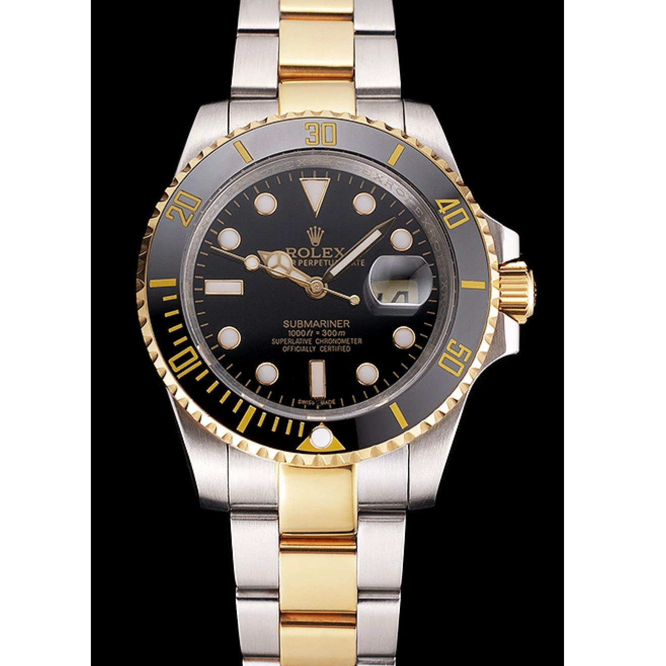 Aaa replica watch Gold Steel Swiss Bezel Two Tone Bracelet Submariner And Dial Black Rolex 0215