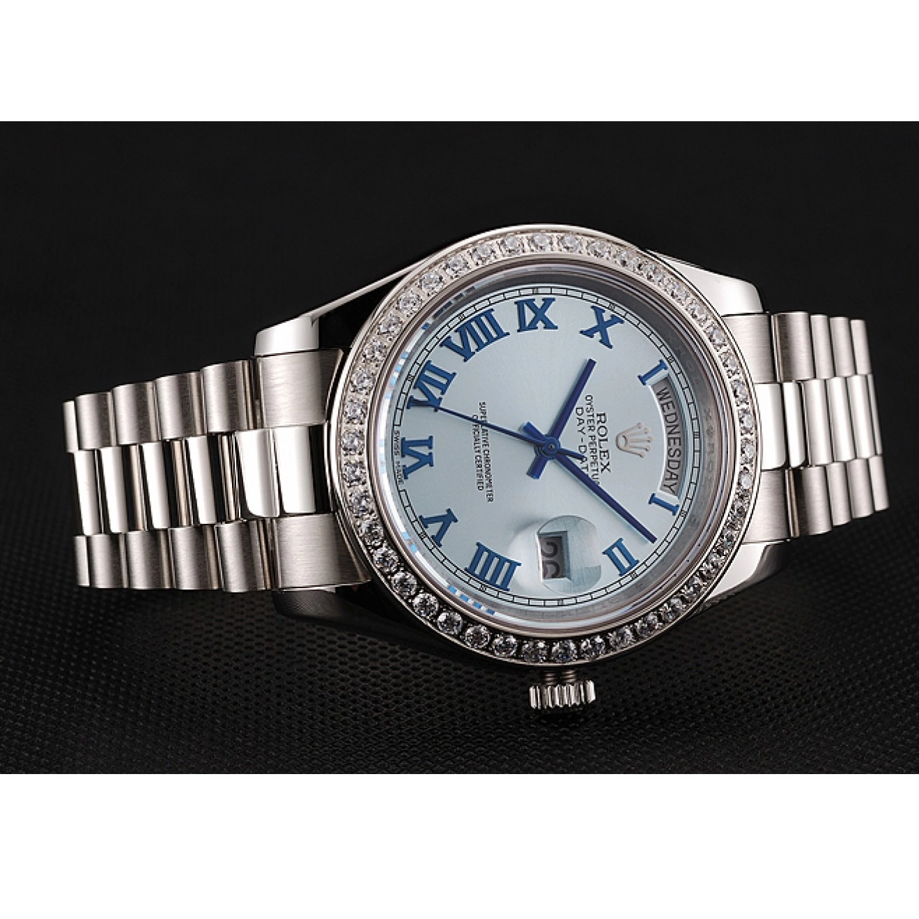 Aaa replica watch Swiss 1453962 Case Blue Dial Diamond Stainless Bracelet Day-Date Ice Steel Rolex 0211