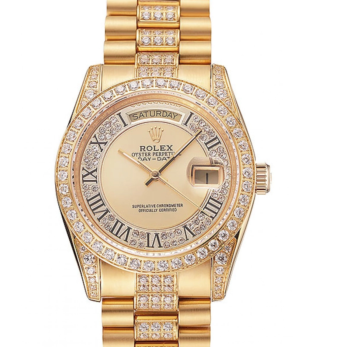 Aaa replica watch Diamond Dial Swiss Gold 1453954 Bracelet Pave Gold Rolex Day-Date Diamond 0208