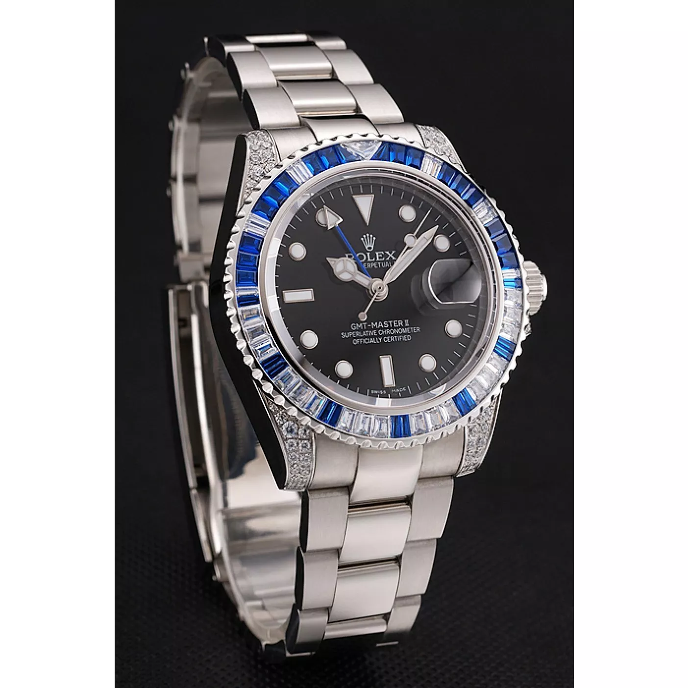 Aaa replica watch Swiss Rolex GMT Master II Black Dial Stone Set Bezel Stainless Steel Case And Bracelet 1453747 0201