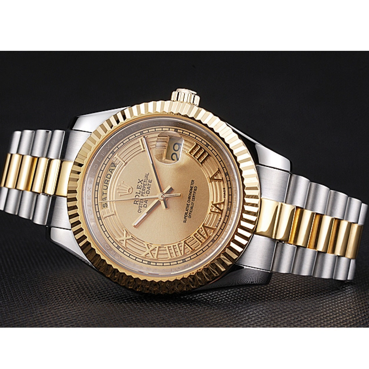 Aaa replica watch Two Plated Dial Day-Date Rolex Tone Gold 18k Gold Steel Stainless 0227