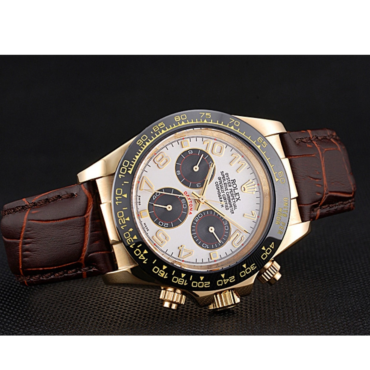 Aaa replica watch Rolex 622634 Subdials Gold Cosmograph Case Bracelet Leather Black Daytona Brown 0216