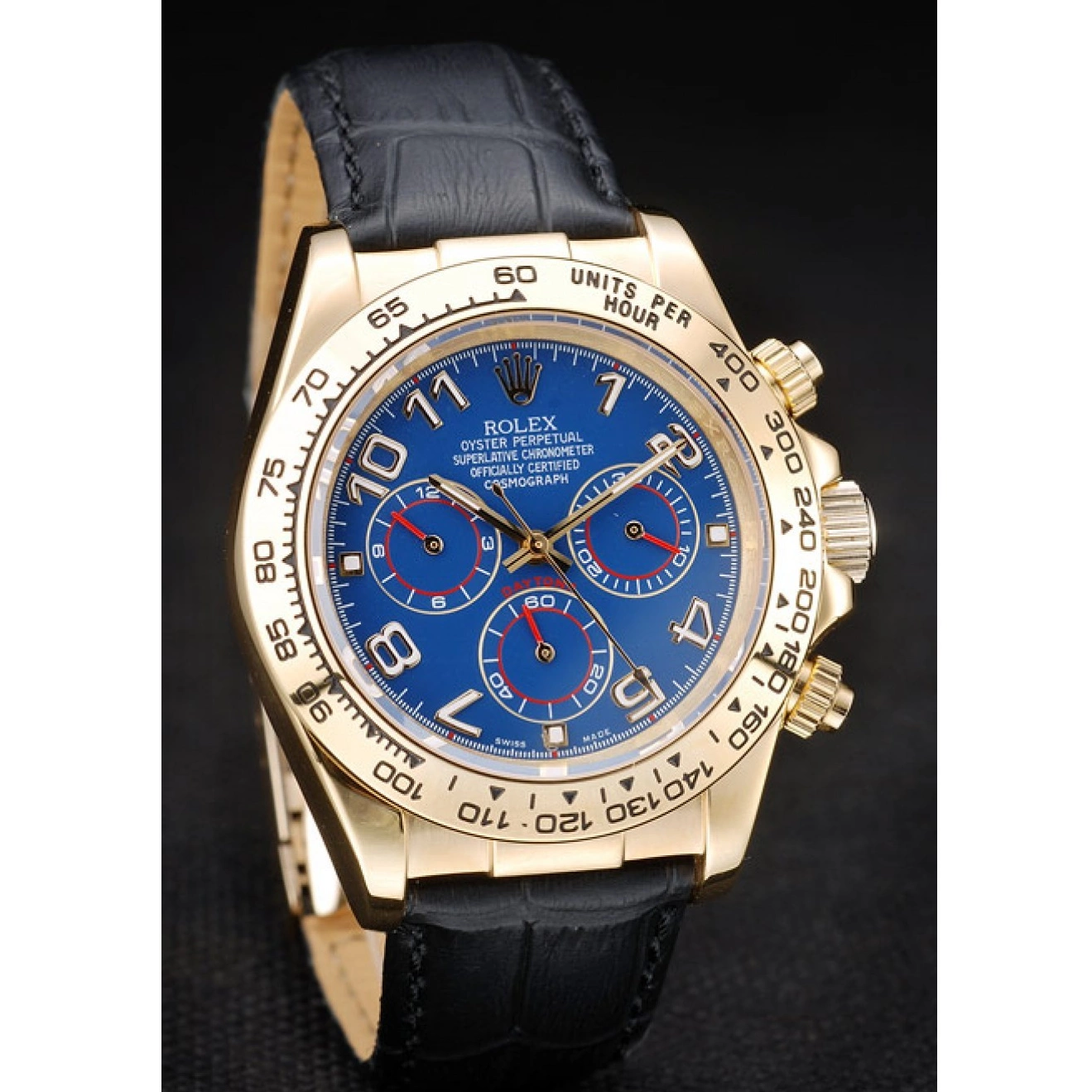 Aaa replica watch Rolex Blue Case Black Dial Strap Leather Gold Daytona 0224