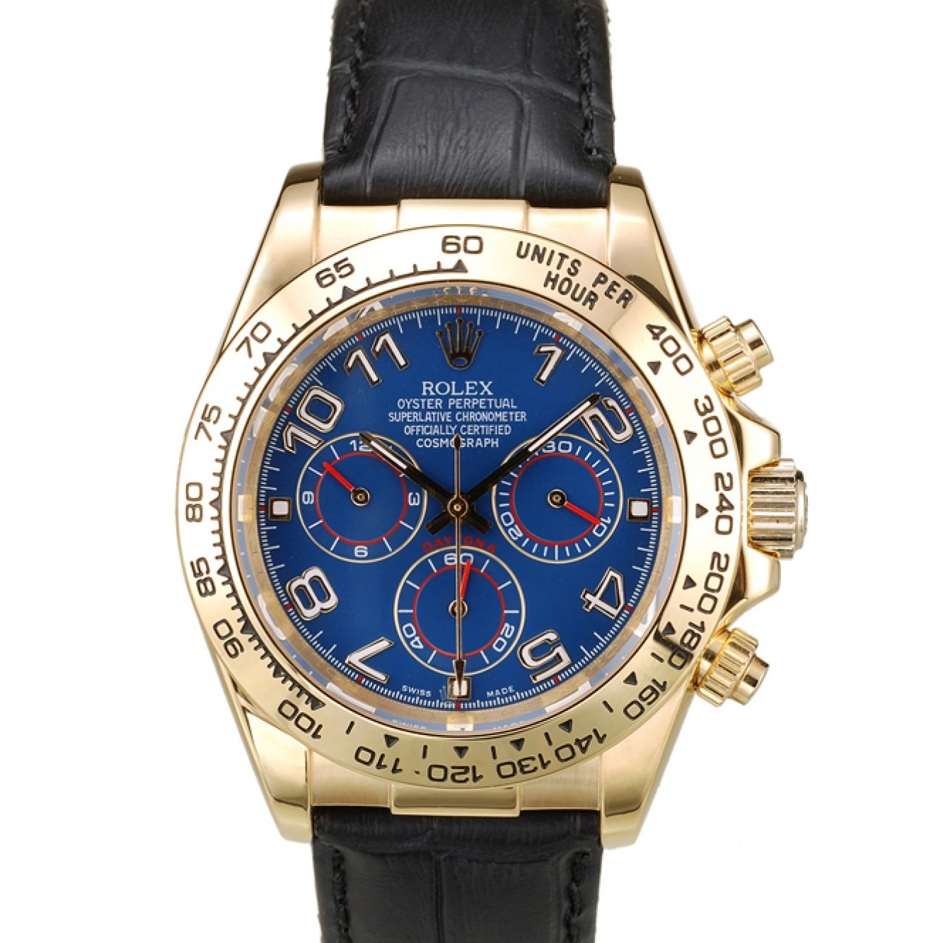 Aaa replica watch Rolex Blue Case Black Dial Strap Leather Gold Daytona 0224