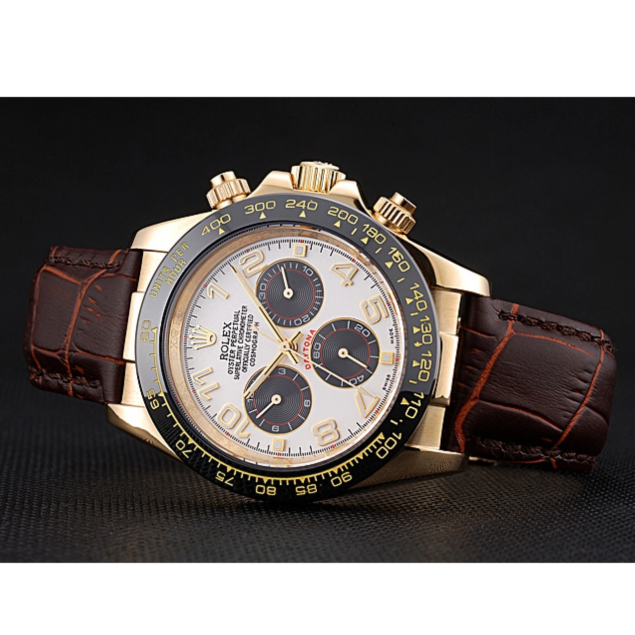 Aaa replica watch Rolex 622634 Subdials Gold Cosmograph Case Bracelet Leather Black Daytona Brown 0216