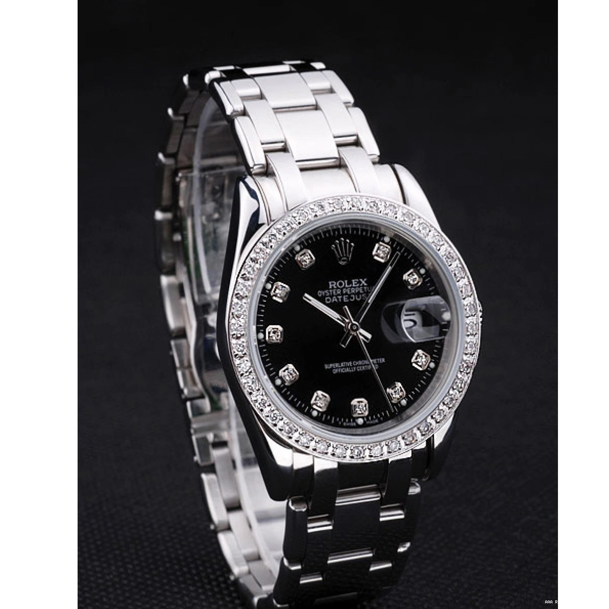 Aaa replica watch Rolex Bezel Stainless Steel DateJust Bracelet Diamond Dial Black 0227