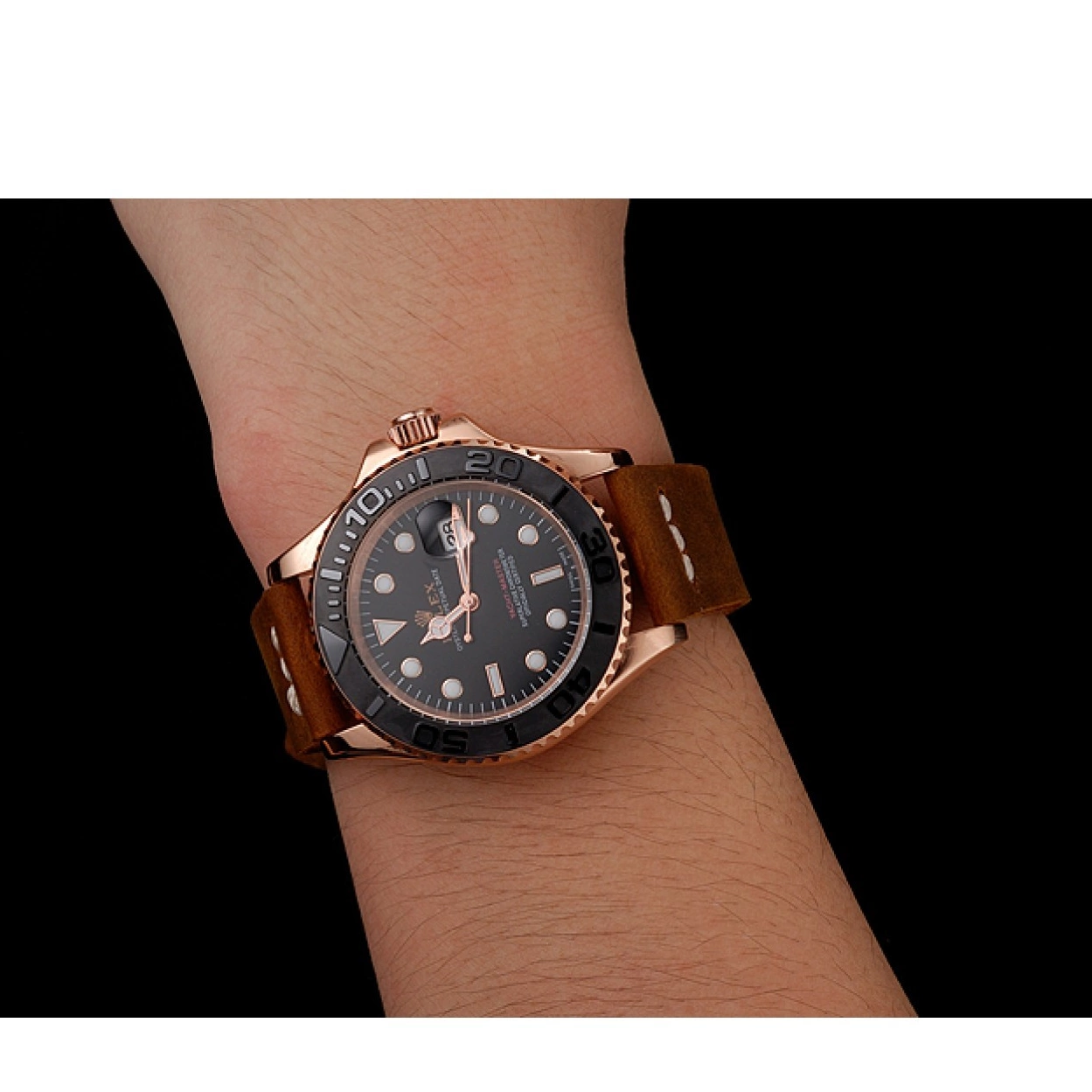 Aaa replica watch Case 1453861 Bracelet Rose Brown Leather Black Yacht Gold Dial Master Rolex 0225