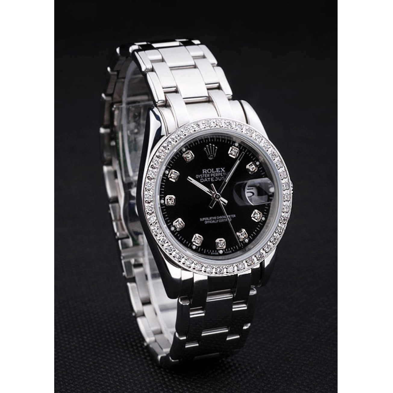 Aaa replica watch Bezel Rolex Bracelet DateJust Diamond Black Stainless Dial Steel 0209