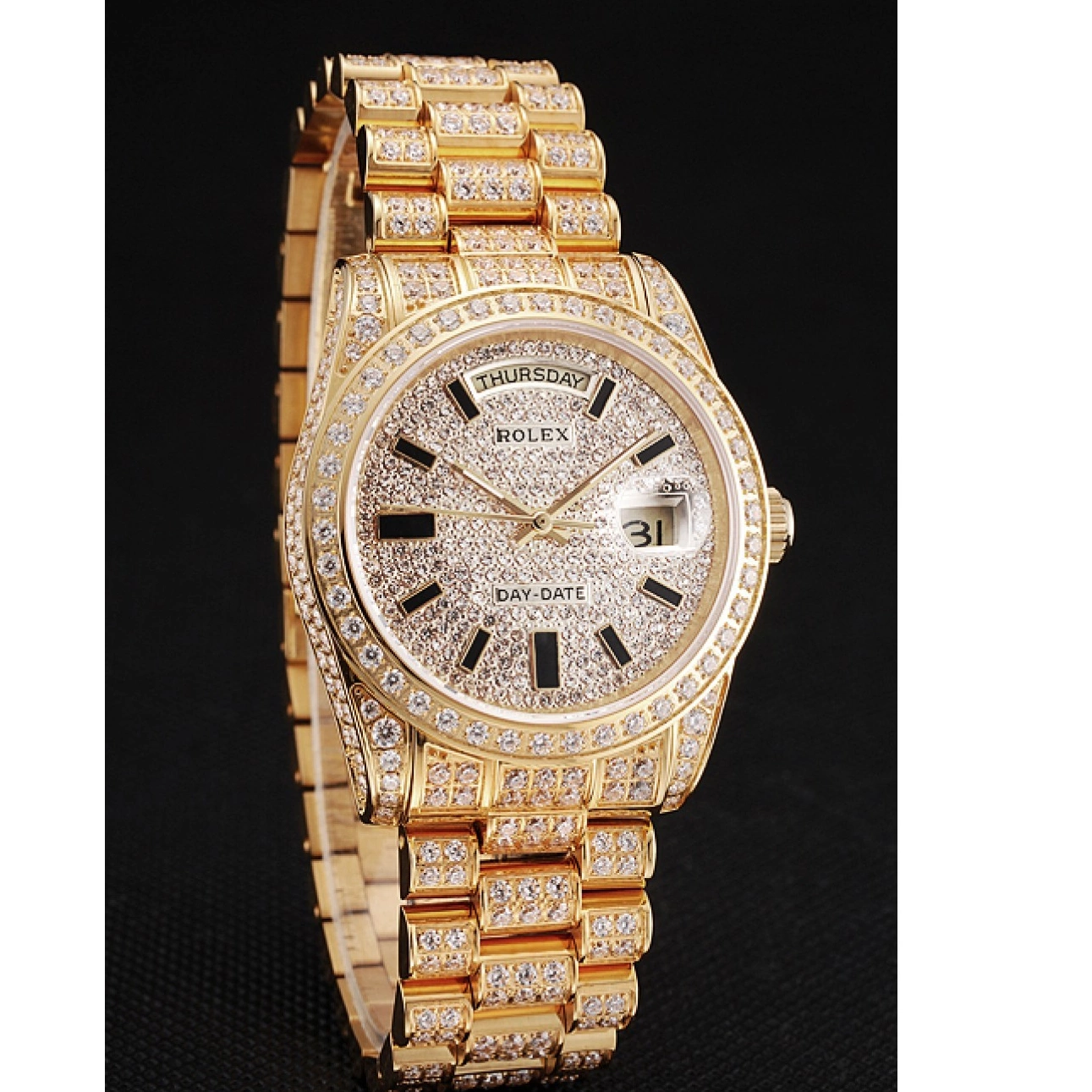 Aaa replica watch Yellow Pave Swiss Day Diamond Rolex Full Date Gold 0225