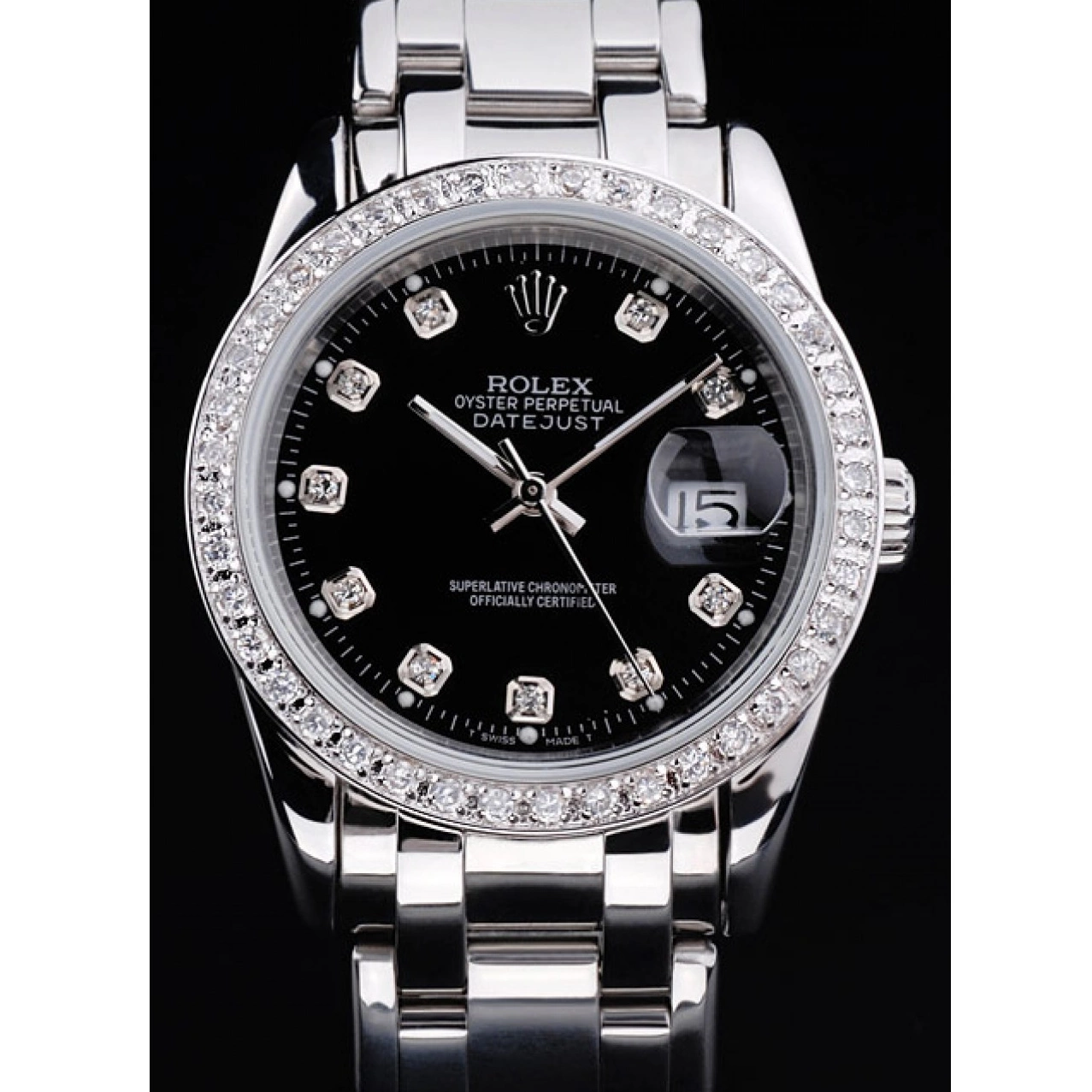 Rolex Bezel Stainless Steel DateJust Bracelet Diamond Dial Black 0227