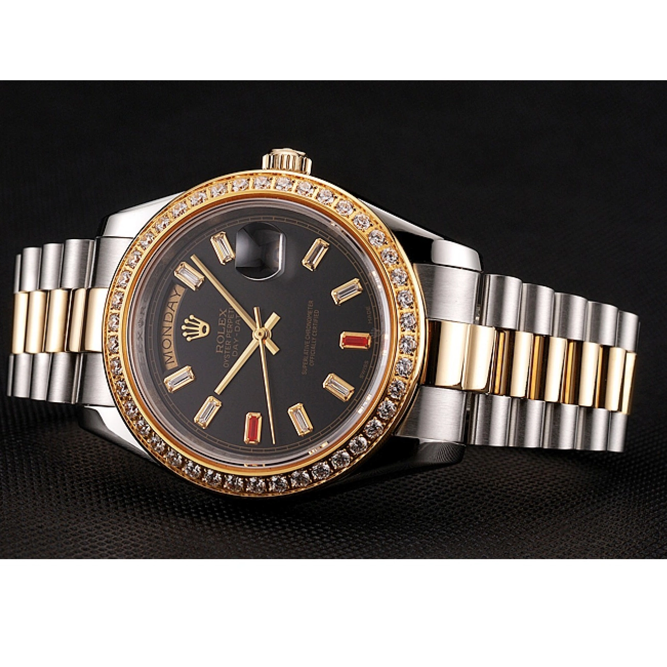 Aaa replica watch Tone Black Day-Date Rolex Two Swiss 1454105 Bracelet Rubies Diamonds Dial And 0211