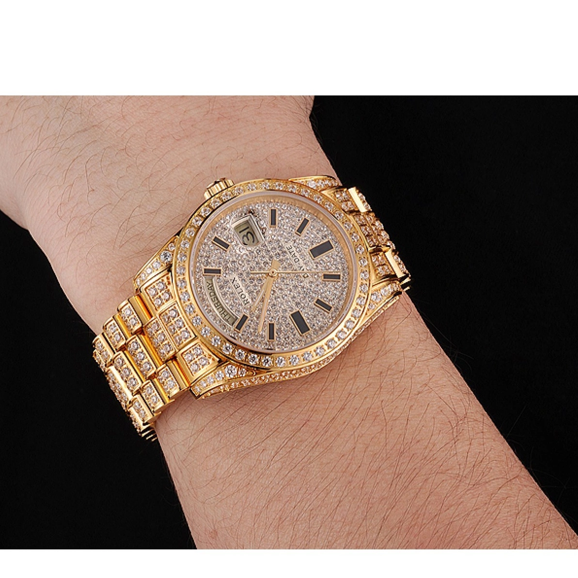 Aaa replica watch Yellow Pave Swiss Day Diamond Rolex Full Date Gold 0225