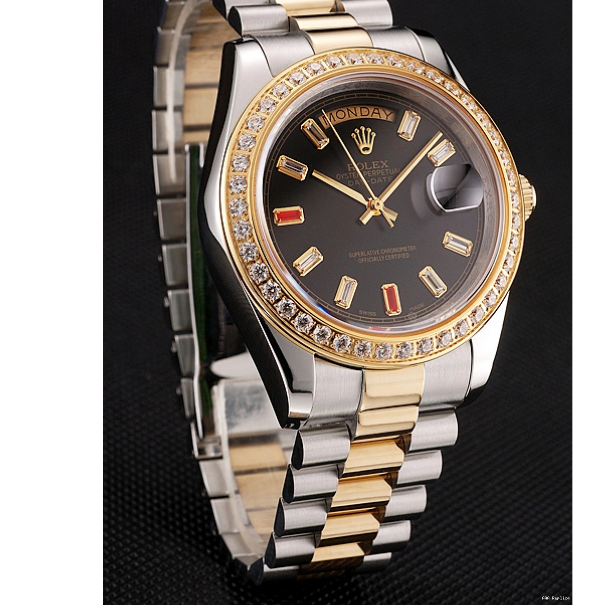 Aaa replica watch Tone Black Day-Date Rolex Two Swiss 1454105 Bracelet Rubies Diamonds Dial And 0211