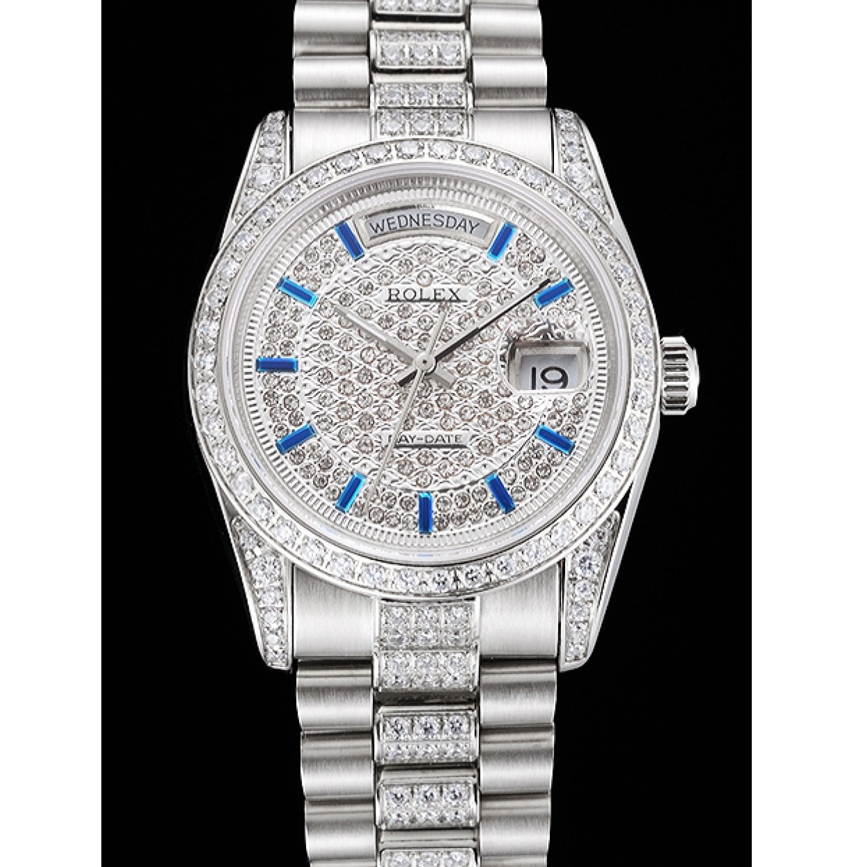 Aaa replica watch Swiss Bracelet And Diamond Day Stainless And Pave Dial Steel Date Bezel Rolex 0213