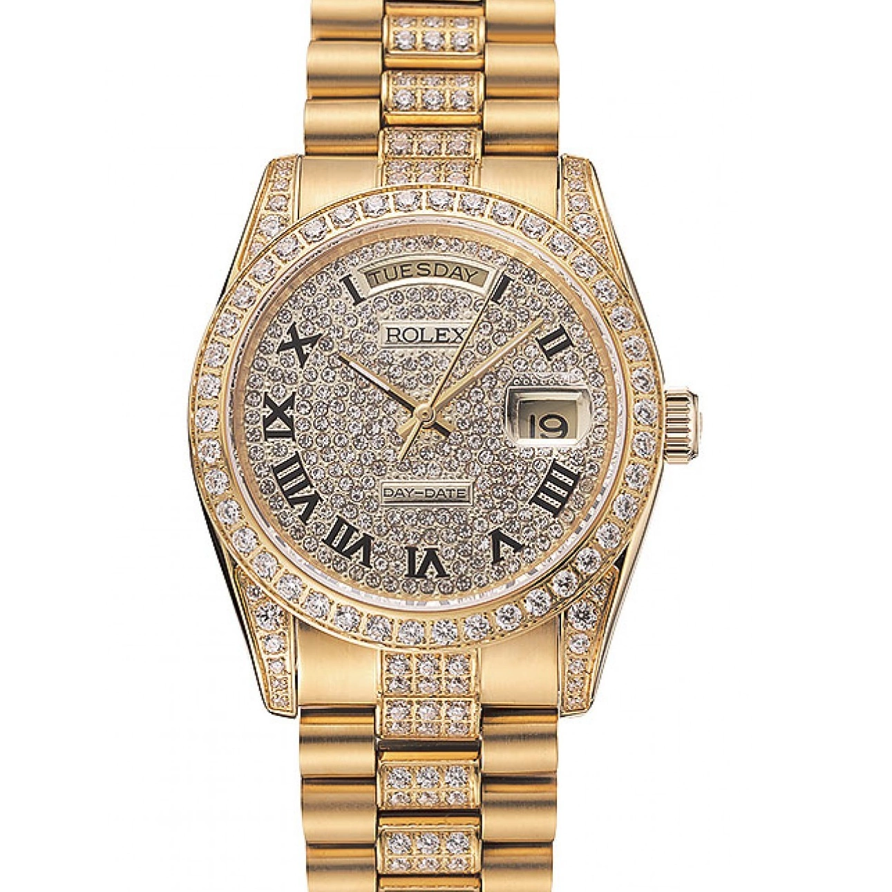 Aaa replica watch Diamond Pave Diamond Bracelet Swiss Rolex Day-Date Gold Dial 1453956 0210