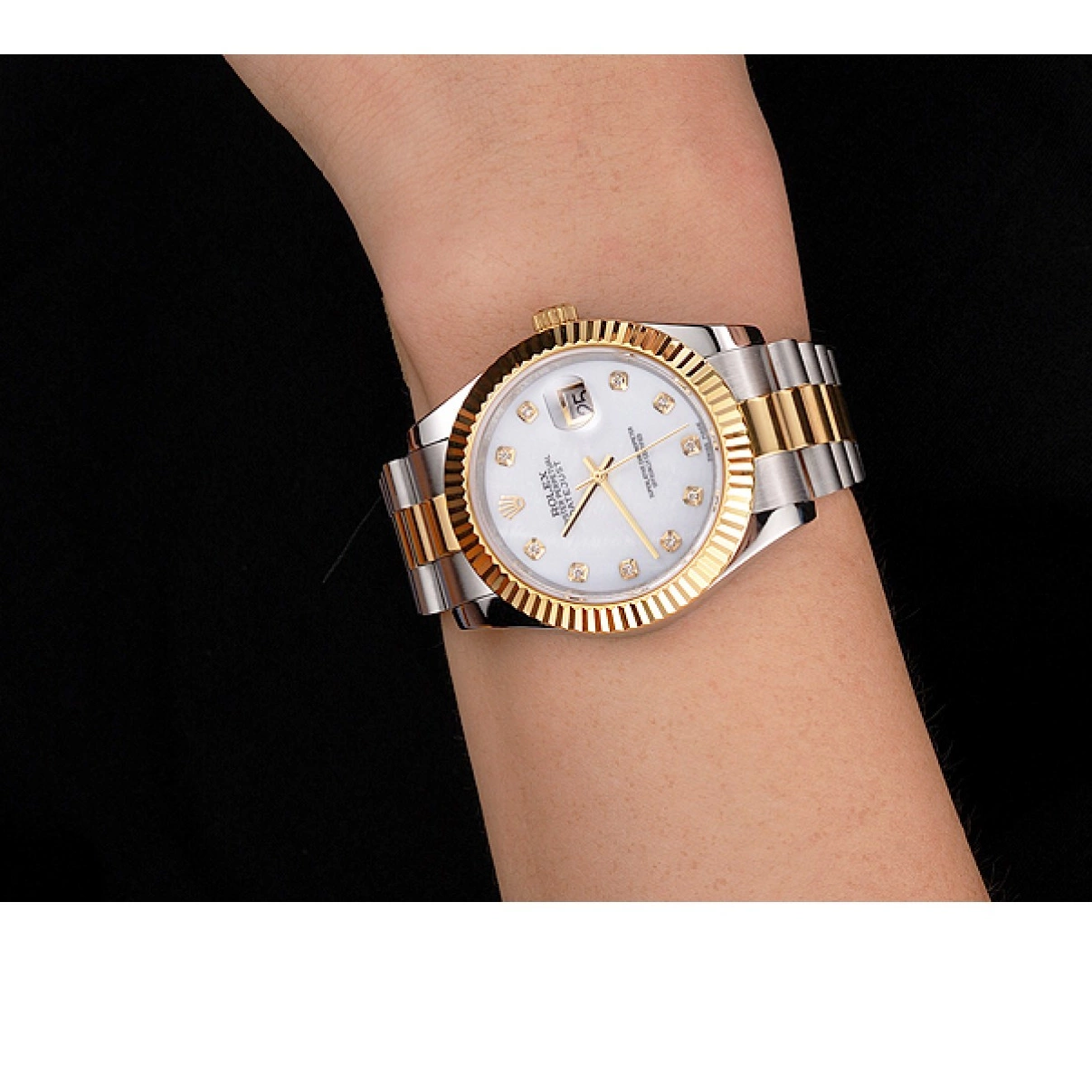 Aaa replica watch Swiss Diamond Case Two Marks Rolex White Stainless Bezel Datejust Dial Bracelet Steel Tone Hour Gold 0221