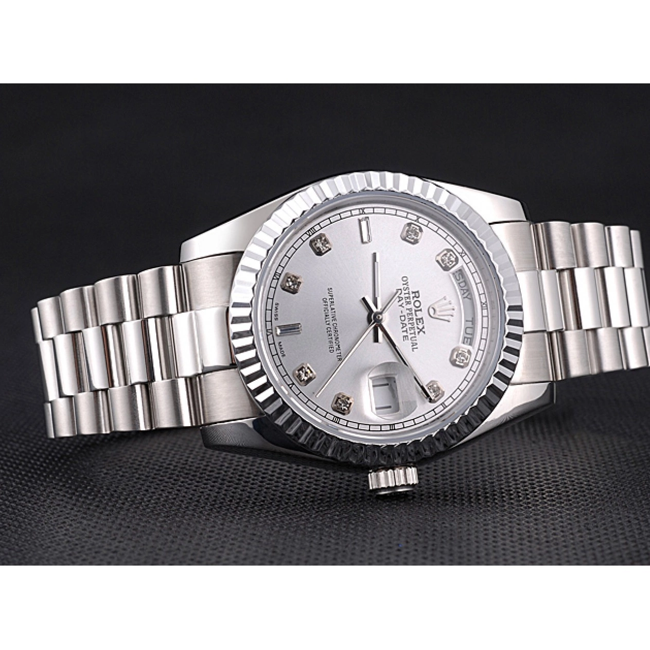 Aaa replica watch Stainless Rolex Polished Day-Date Dial Silver Steel 0224