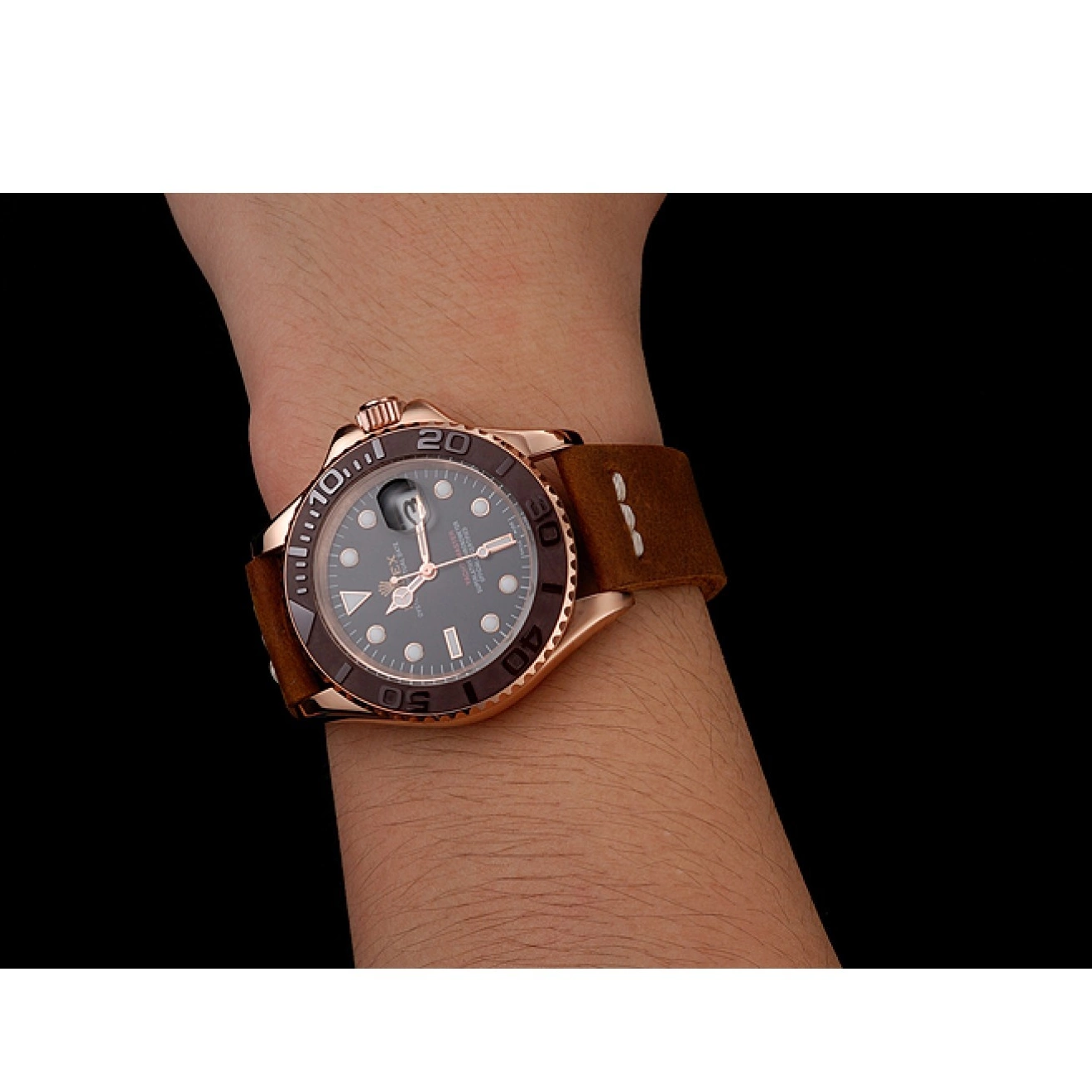 Aaa replica watch Case Rose Brown Leather 1453860 Bezel Rolex Black Gold Bracelet Master Dial Yacht Brown 0223