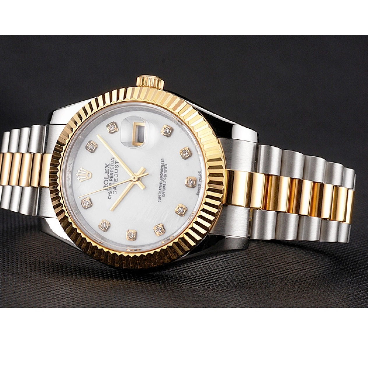 Aaa replica watch Tone Marks Swiss Rolex Dial Case Datejust Bezel Hour Gold Steel Diamond White Two Bracelet Stainless 0210