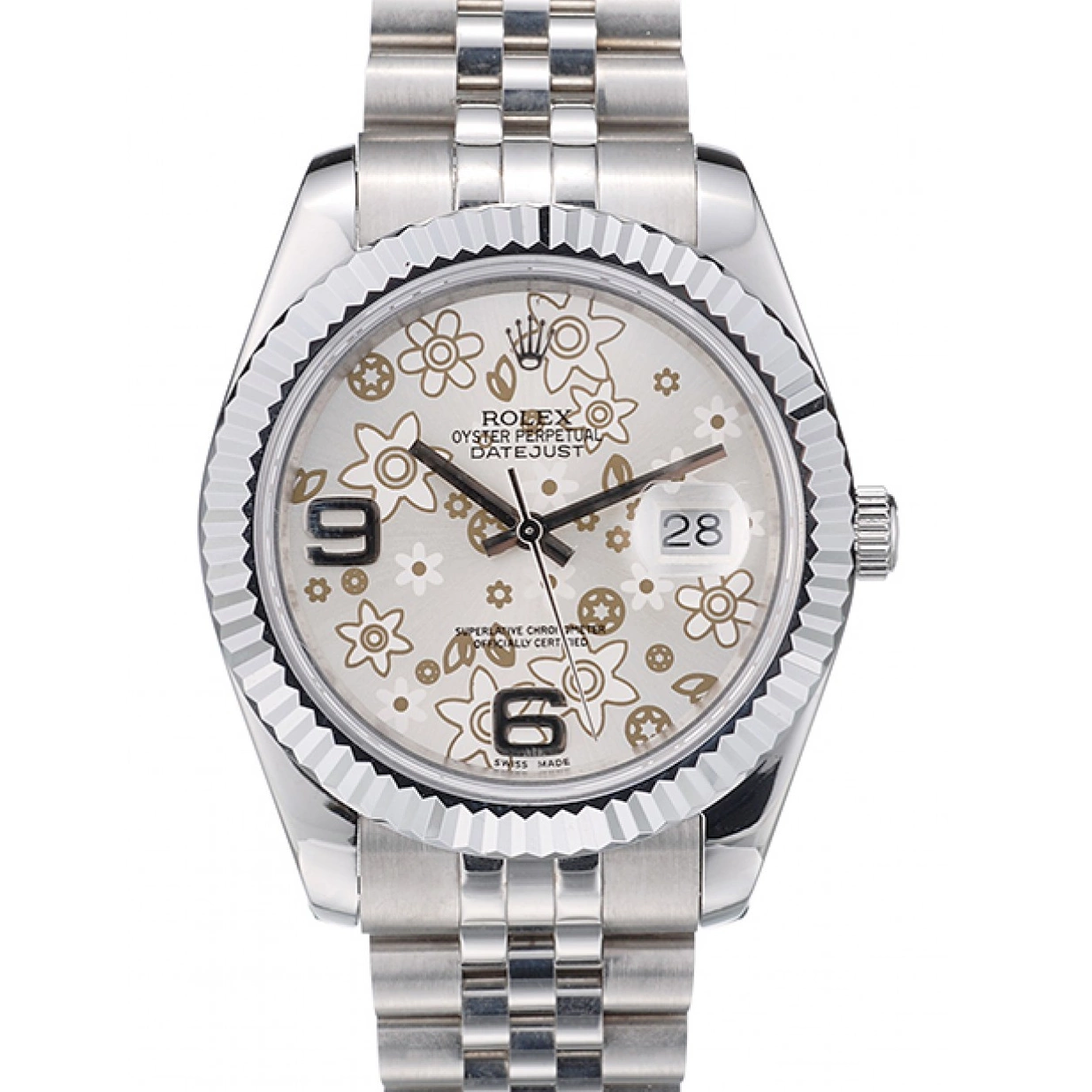 Aaa replica watch DateJust Steel Ribbed 42001 Stainless Dial Silver Flower Bezel Rolex Swiss 0210