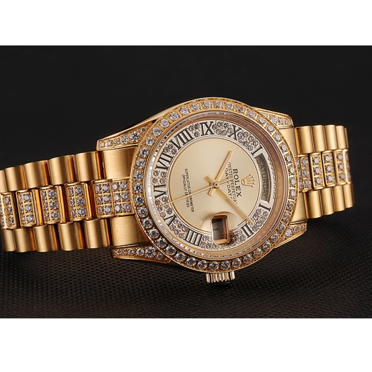 Aaa replica watch Gold Diamond Gold Swiss Rolex Diamond Dial Bracelet Day-Date 1453954 Pave 0216