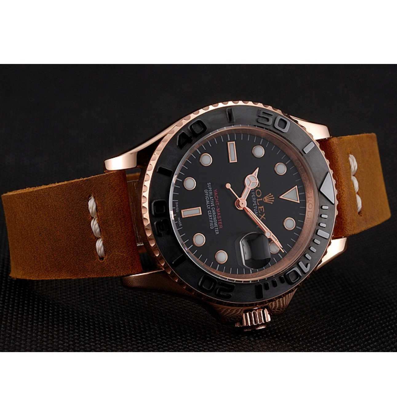 Aaa replica watch Case 1453861 Bracelet Rose Brown Leather Black Yacht Gold Dial Master Rolex 0225