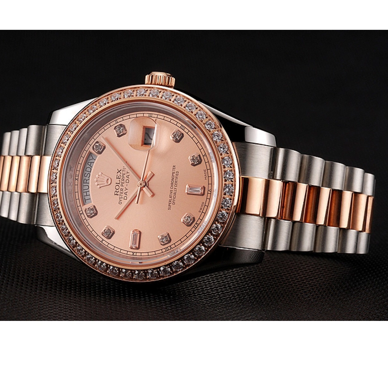 Aaa replica watch Rolex Bracelet Gold Bezel Staineless Steel Day-Date 1454107 Rose Swiss And Diamonds 0222