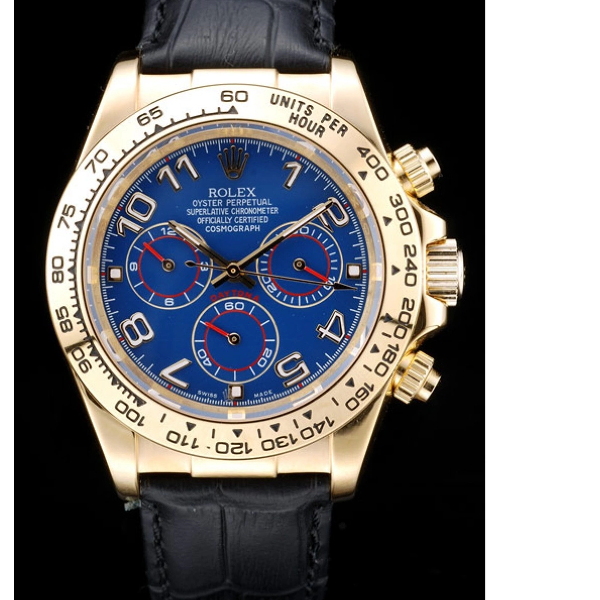 Aaa replica watch Rolex Blue Case Black Dial Strap Leather Gold Daytona 0224