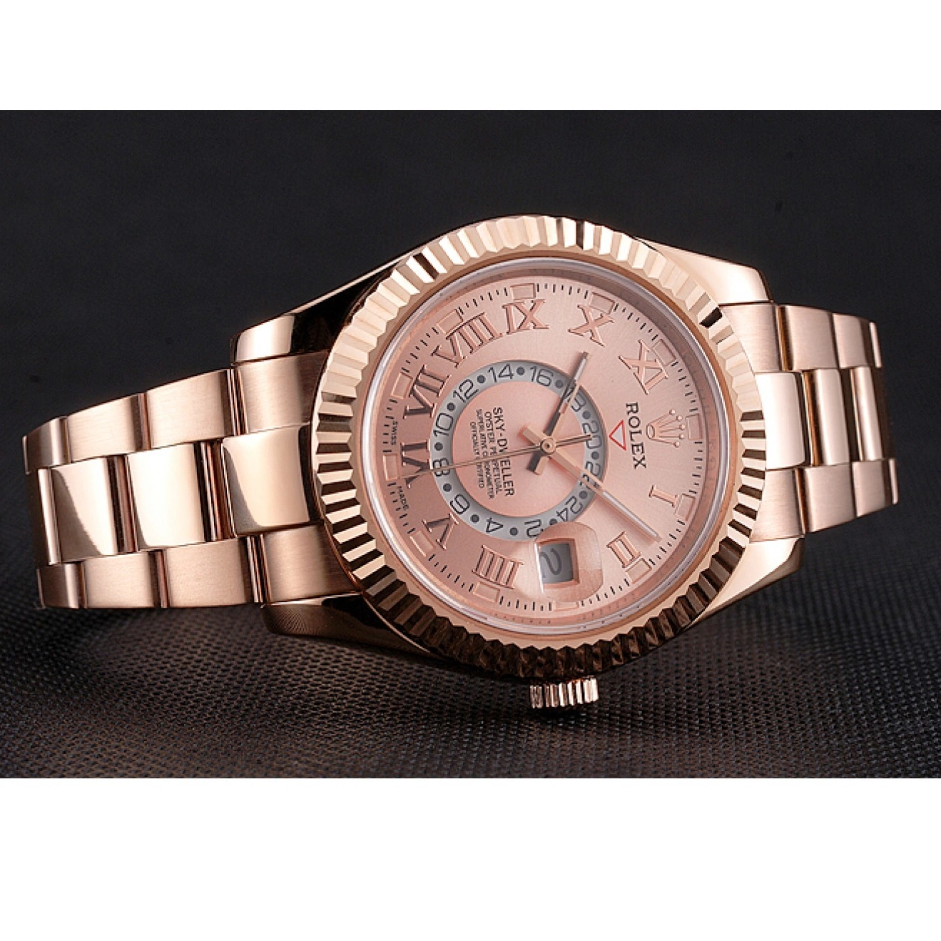 Aaa replica watch Rolex Sky Gold Gold Case Dweller Dial Rose And Rose Bracelet 0213