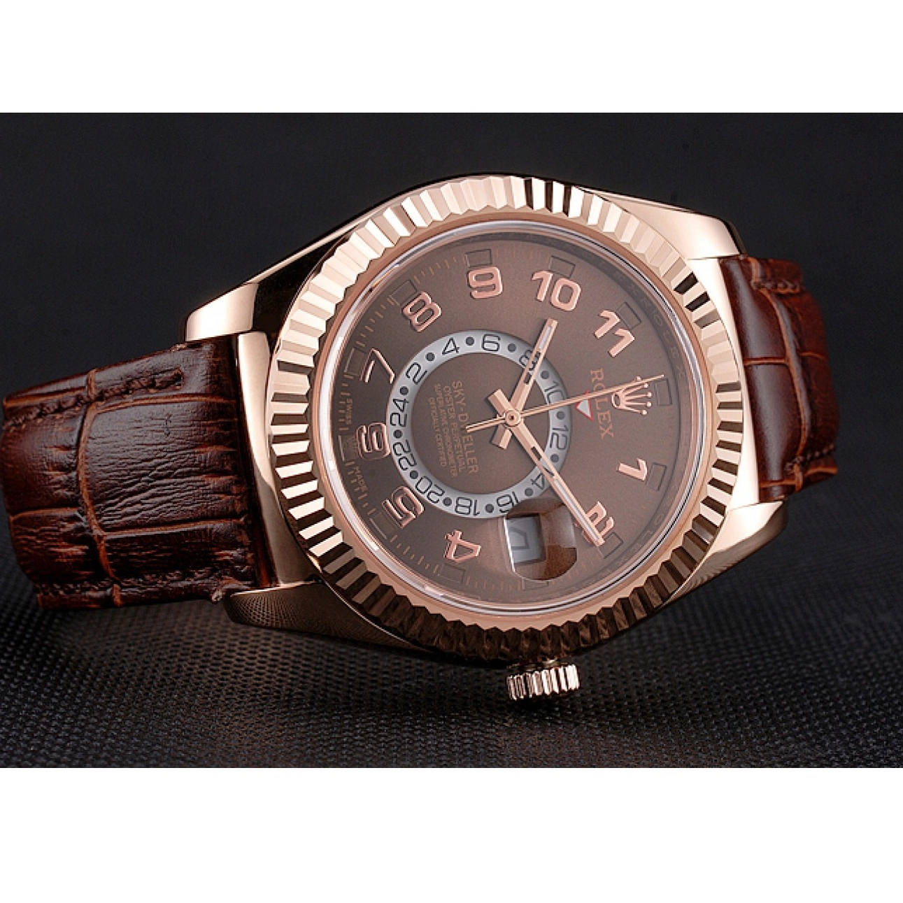 Aaa replica watch Gold Leather Rose Rolex Dial Dweller Case Brown Brown Sky Strap 0219